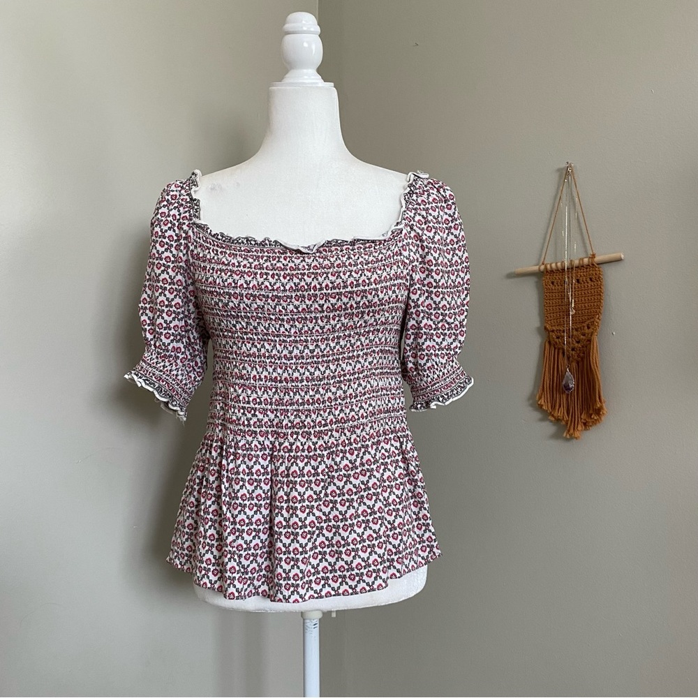 Floral Smocked Peplum Puff Sleeve Off Shoulder Blouse Large